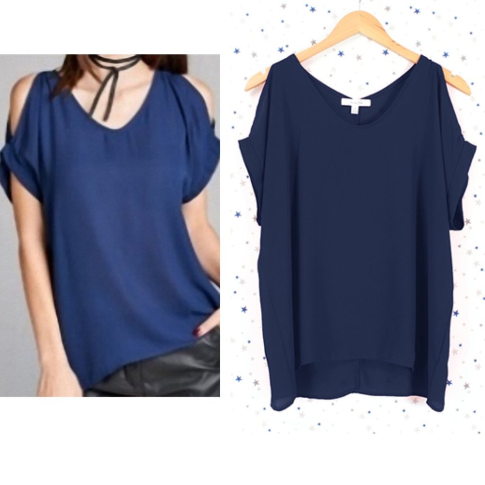 Cold Shoulder Chiffon Blouse Top Navy